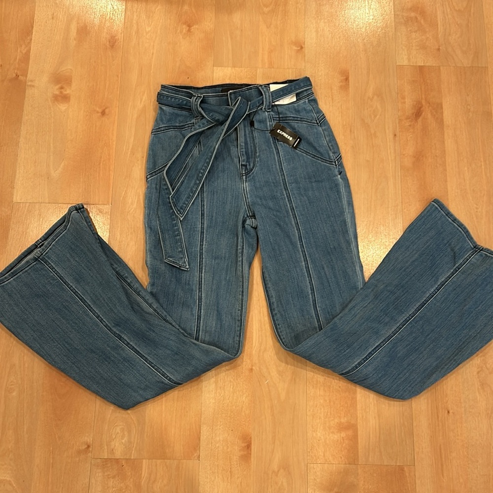 Express women’s Bell Flare Jeans Size OS Super High Rise Tie Waist Stretch Blue - Picture 2 of 8